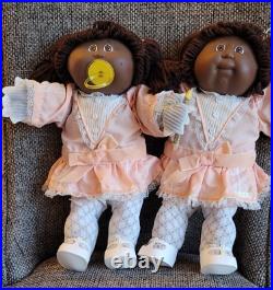 1985 Cabbage Patch Kids AA TWINS Dolls Black Hair Pacifier Mint All Original