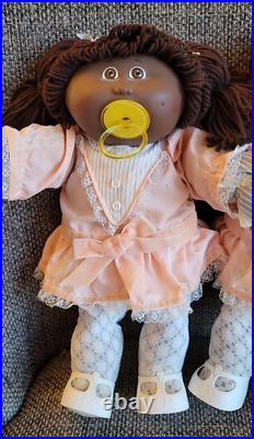1985 Cabbage Patch Kids AA TWINS Dolls Black Hair Pacifier Mint All Original