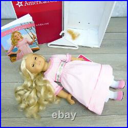 American Girl 18 CAROLINE DOLL In MEET OUTFIT + Book Hanger Blonde Hair AG BOX