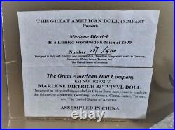 Marlene Dietrich, great american doll company, with trunk and display stand