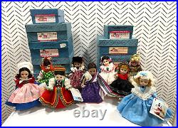 NOS 9 vtg Mme Alex FFFL/International series dolls, RESTRUNG Lot #4 dolls in EVC