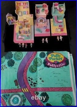 PollyPocket Pollyville LOT! Toy Shop, Schoolhouse, cafe withdolls, pollyville Playmat