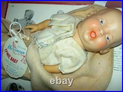 Rare Horsman c1950 tagged TYNIE BABY vinyl doll in blanket near mint orig. Cond