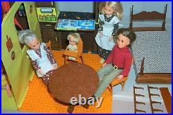 Sunshine Family Doll House Mattel-1973 with Furniture, 6 Dolls-Grandparents &Case